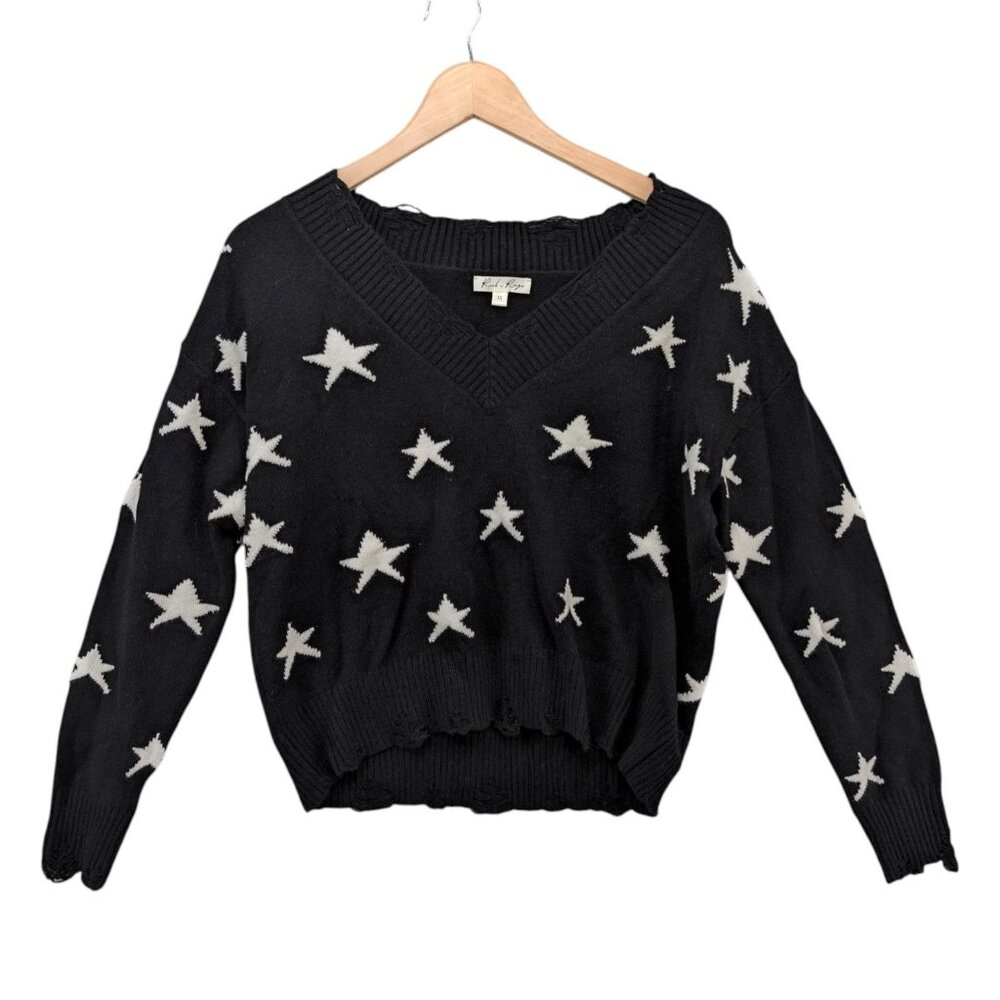 Rock N Rags Sweet Life Sweater Womens Black Stars Distressed V Neck Size XS